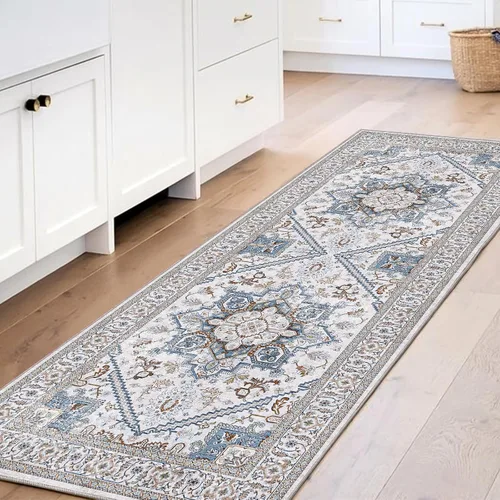 Vista 255 de OPPODREAM Alfombras suaves, pequeñas y lavables con parte trasera antideslizante, alfombra de cachemira sintética de pelo bajo, 2 x 3 pies, azul