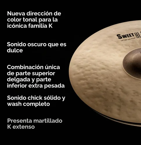 Vista 4 de Zildjian K0720 14" K Sweet Hi-Hat Platillos Warm dark tone, crisp stick response, matched top and bottom, great for studio and stage drummers, 14