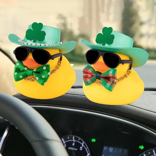 Vista 7 de Wonuu Decoración del día de San Patricio de pato de goma, sombrero de trébol verde de la suerte y decoración del automóvil, sombrero de vaquero