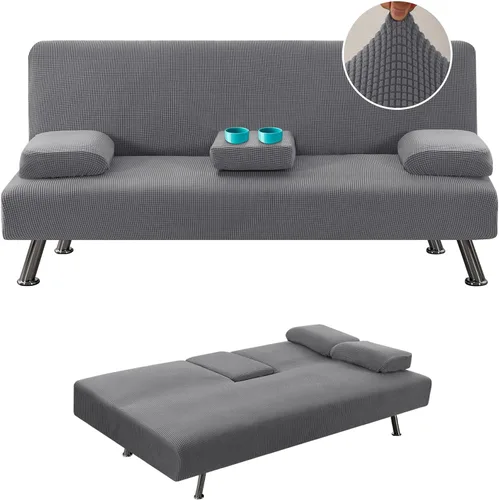 Vista 8 de LiveGo Funda para futón, 4 piezas, elásticas, para futón, sofá cama, con reposabrazos extraíbles y portavasos, protector de muebles, tela jacquard
