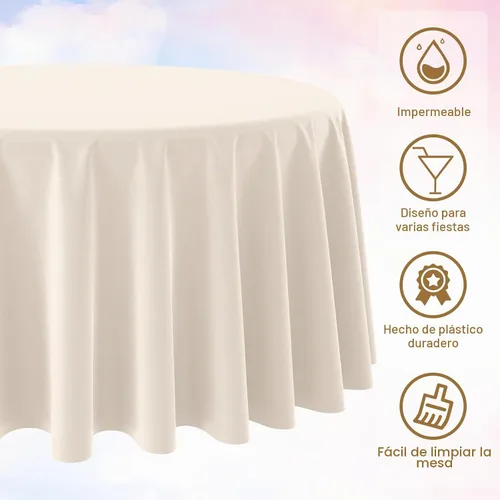 Vista 3 de 3 manteles color beige de 84 pulgadas para mesas redondas, mantel desechable de plástico marfil, mantel impermeable color crema para cumpleaños