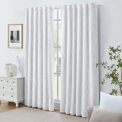 Vista 7 de HOMEIDEAS Cortinas opacas de color gris claro de 52 x 96 pulgadas de largo, 2 paneles de línea ondulada plateada con puntos impresos, pestaña