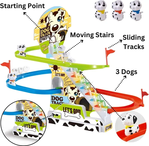 Vista 5 de Dalmatian Racer - Juguete deslizante para escaleras, pista de carreras de perros con luces LED y música para niños pequeños