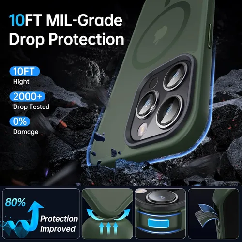 Vista 3 de Funda magnética fuerte para iPhone 14 Pro Max [compatible con MagSafe] [protección de grado militar de 10 pies] a prueba de golpes, translúcida mate