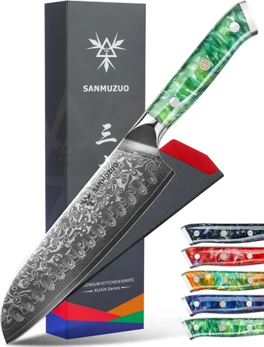 Vista 6 de Santoku Cuchillo de 7 pulgadas - Serie Xuan - Cuchillo de cocina de acero Damasco VG10 - Mango de resina (naranja fantasía)