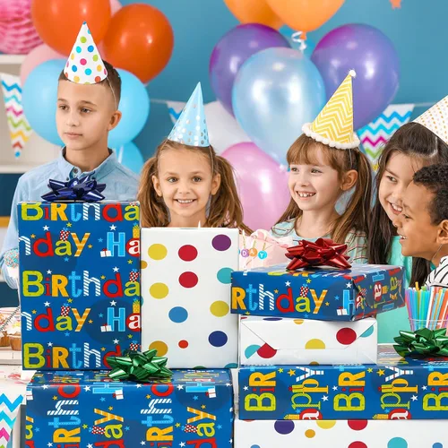 Vista 3 de U'COVER Rollo de papel de regalo reversible de feliz cumpleaños para niños y niñas, diseño de lunares, papel de regalo para mujeres, hombres, baby