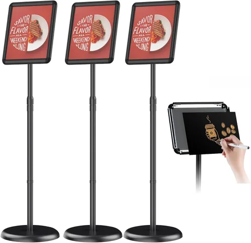 Vista 10 de Soporte de pedestal ajustable para cartel o pizarra de tiza de 8.5 x 11 pulgadas, marco abierto a presión, rotación de 360°, soportes para letreros