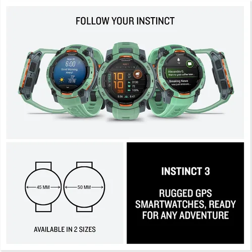 Vista 55 de Garmin Instinct® 3 45mm, pantalla AMOLED, reloj inteligente GPS resistente para exteriores, bisel reforzado con metal, linterna incorporada, hasta