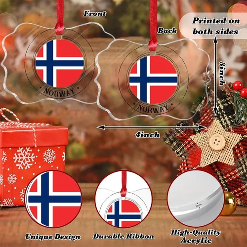 Vista 2 de Bandera nacional de Noruega, adornos de Navidad patrióticos 2023, decoraciones de Navidad para árbol, adornos acrílicos transparentes, colgante