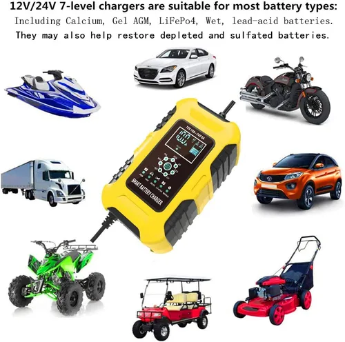 Vista 2 de Cargador rápido de batería de coche de 12 V/24 V y 10 amperios para baterías húmedas/GEL/SLA/LiFePO4/plomo-ácido/AGM, cargador de batería