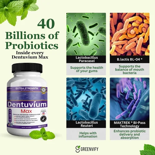 Vista 8 de Suplemento probiótico Dentuvium Max, 40 mil millones de UFC, apoya la salud digestiva de los dientes, encías, garganta, sin gluten, sin azúcar, sin