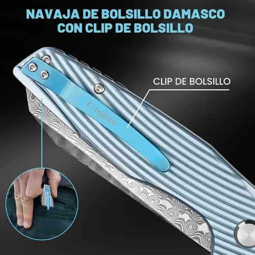 Vista 4 de Zingbee Cuchillo de bolsillo de Damasco de 3.46 pulgadas con clip, mango antideslizante azul DMXQ 1-azul