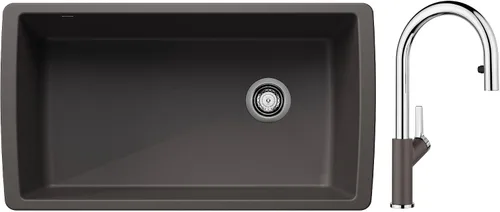 Vista 10 de BLANCO Diamond SILGRANIT - Fregadero de cocina súper individual con grifo de cocina desplegable Urbena a juego de color, color antracita