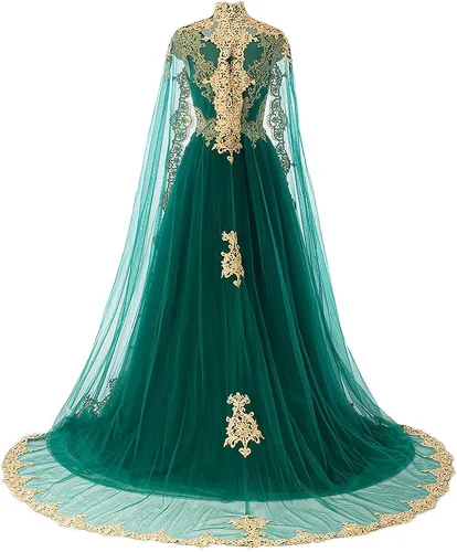 Vista 2 de Kivary Vestidos de noche largos de encaje dorado vintage con capa, Oro