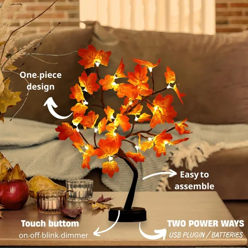 Vista 2 de Árbol de arce artificial iluminado de otoño, 24 luces LED, decoraciones de Acción de Gracias, funciona con batería/USB, árbol pequeño preiluminado
