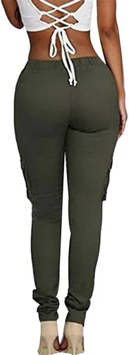 Vista 3 de LINGMIN - Leggings ajustados y casuales para mujer, cintura elástica, color liso, fáciles de poner