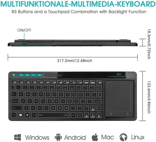 Vista 6 de Rii K18 Plus Teclado multimedia inalámbrico de 3 LED a color retroiluminado con panel táctil de gran tamaño, teclado recargable para Android TV Box