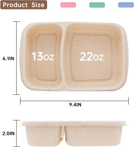 Vista 2 de Paquete de 4 cajas de almuerzo Bento, contenedores de preparación de comida de 2 compartimentos con tapas, aptos para microondas y lavavajillas