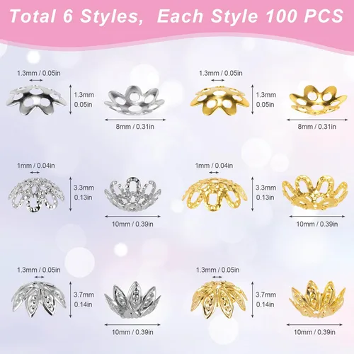 Vista 3 de HINZIC 600 cuentas de flores huecas de 0.315 y 0.394 pulgadas, 6 estilos de cuentas de filigrana para hacer joyas, cuentas espaciadoras doradas