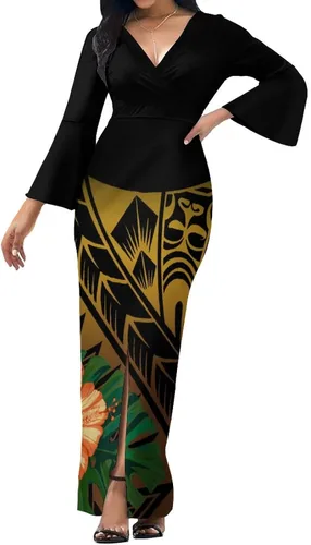 Vista 3 de Polinesio vestido personalizado con cuello en V verano fresco manga larga elegante temperamento y piso vestido de diseño de arte retro
