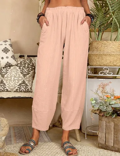 Vista 2 de Pantalones sueltos casuales de pierna ancha para mujer, holgados, ligeros, cómodos, cintura elástica, pantalones recortados con bolsillos