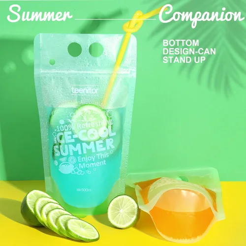 Vista 5 de Teenitor 100 bolsas de bebida con pajitas, bolsas de bebidas para jugos para adultos, bolsas de bebida reutilizables para licuados de jugos, bolsas
