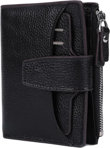 Vista 6 de Cartera de cuero con bloqueo RFID para mujer, pequeña, compacta, doble cremallera, con ventana para identificación
