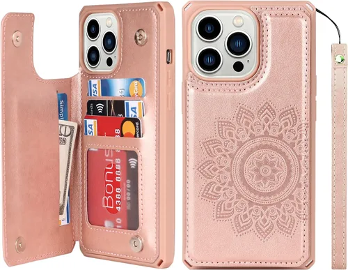 Vista 20 de iCoverCase Funda de billetera compatible con iPhone 13 Pro Max con tarjetero para mujer, cuero PU en relieve con bloqueo RFID y correa de muñeca