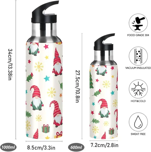 Vista 2 de Cute Christmas Gnomes Red Hats Insulated Stainless Steel Water Bottle with Straw 32 Oz, BPA-Free Sport Water Bottle Leakproof Water Bottles