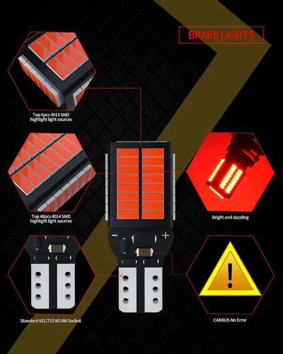 Vista 3 de Bombillas LED T15 912 921 mejoradas, rojas, de montaje alto/luz de freno 3ra, 3600LM súper brillantes, 4014, 54-SMD, chipset, Canbus, sin errores