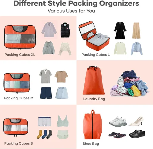 Vista 3 de Veken - Juego de 6 cubos de embalaje para maletas, bolsas organizadoras de viaje para equipaje de mano, juego de bolsas organizadoras de maleta