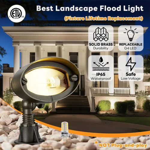 Vista 2 de Gardenreet Luz de inundación de latón macizo - Luz LED de paisaje de lavado de pared de bajo voltaje, para exteriores, 12 V, cableada, impermeable