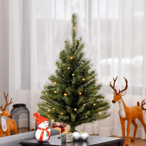 Vista 2 de National Tree Company - Mini árbol de Navidad artificial preiluminado de 3 pies de abeto Kincaid, 100 luces transparentes, 113 puntas, incluye