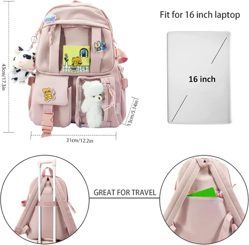 Vista 6 de Linda mochila con bonito oso de peluche accesorios de gran capacidad bolsas escolares estéticas para niñas y adolescentes Negro 1 talla única Lindo