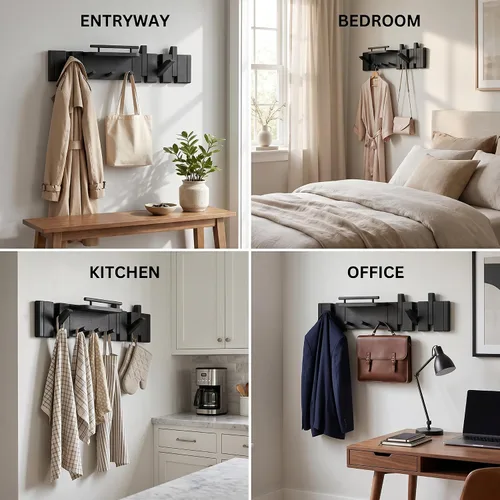 Vista 9 de Gancho plegable de nogal moderno de mediados de siglo con estante, ganchos de madera resistentes para toallas ocultos para baño, estante de pared