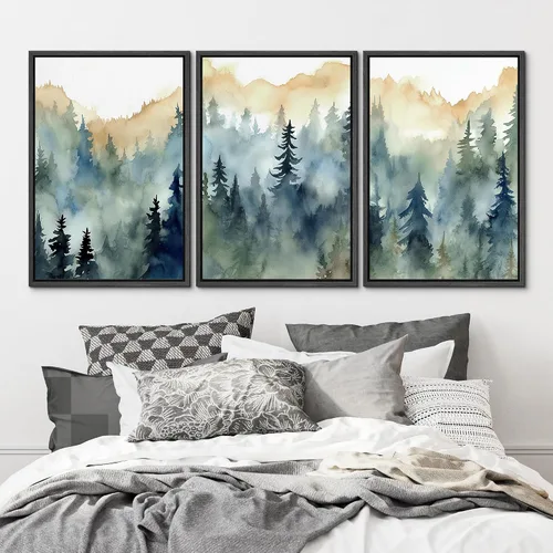 Vista 2 de MUDECOR Lienzo enmarcado para pared, juego de arte de acuarela pastel, bosque de pinos, naturaleza silvestre, ilustraciones modernas, decorativas