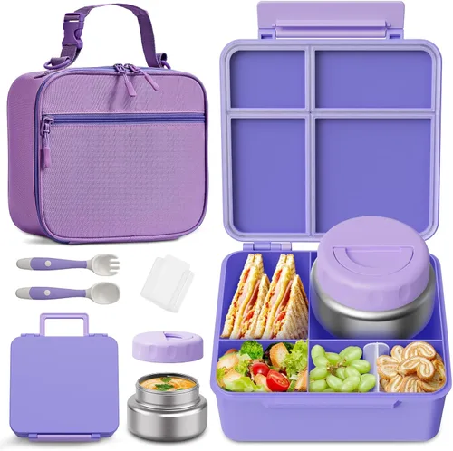Vista 11 de Lonchera Bento para niños con contenedor térmico de alimentos (9 onzas), lonchera de 4 compartimentos, divisor ajustable, lonchera Bento a prueba
