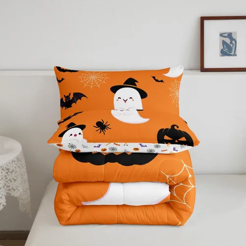 Vista 5 de Erosebridal Juego de edredón divertido de Halloween para niños, juego de ropa de cama de calabaza fantasma, decoración de Halloween para niños