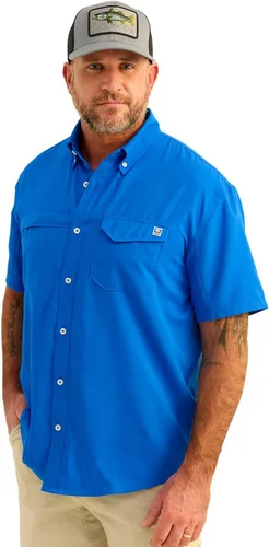 Vista 39 de HUK Men's Tide Point Kc Scott Original Artwork Short Sleeve Shirt, Fishing Button Down Negro