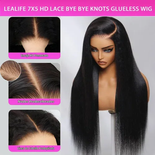 Vista 6 de Lealife 22 Pulgadas Peluca de cabello humano con encaje frontal recta sin pegamento pre degrafilada pre cortada 7X5 encaje HD pre nudos decolorados