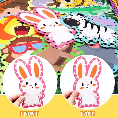 Vista 3 de Paquete de 12 tarjetas de encaje de animales de la selva, kits de costura para niños, león, animales salvajes, cartón, tarjetas de costura de doble