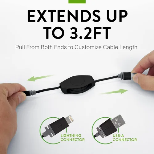 Vista 3 de ReTrak Premier Series ETLTUSBBLK Cable retráctil Lightning a USB de carga y sincronización para iPhone, iPod y iPad (negro), 3.2 pies