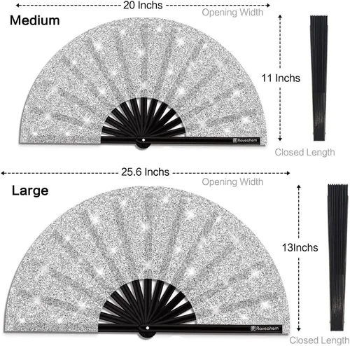 Vista 6 de Ventilador de mano plegable con purpurina para hombres y mujeres, ventilador de mano para EDM, festival, club, fiesta, baile (plateado)