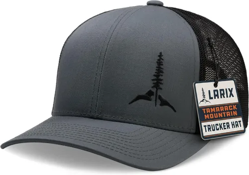 Vista 10 de Larix Hats for Men, Trucker Hat Men, Tamarack Mountain, Mesh Snapback Negro/ Gris