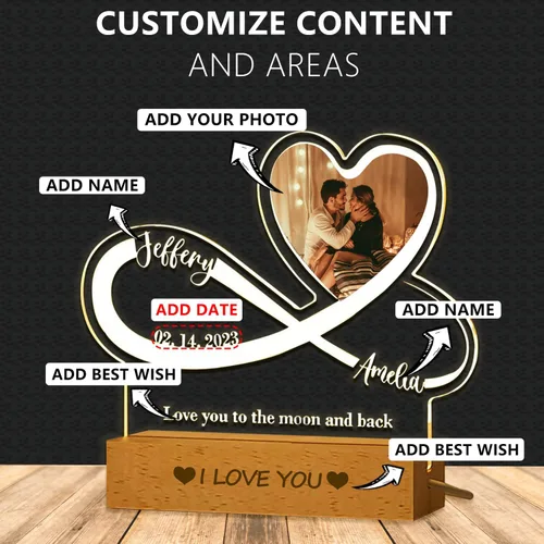 Vista 3 de Placa de acrílico con foto personalizada, regalos para aniversario, San Valentín, cumpleaños, luz nocturna LED personalizable, base de madera