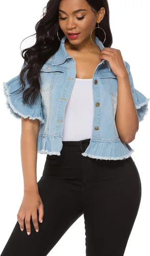 Vista 4 de Suvimuga Chaqueta vaquera con botones y manga con volantes desgastados para mujer