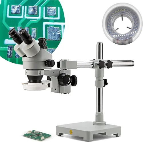 Vista 2 de SWIFT Microscopio estéreo trinocular S7 7X-45X con oculares de campo ancho 10X, lente objetivo de zoom 0.7X-4.5X, soporte de brazo único y anillo