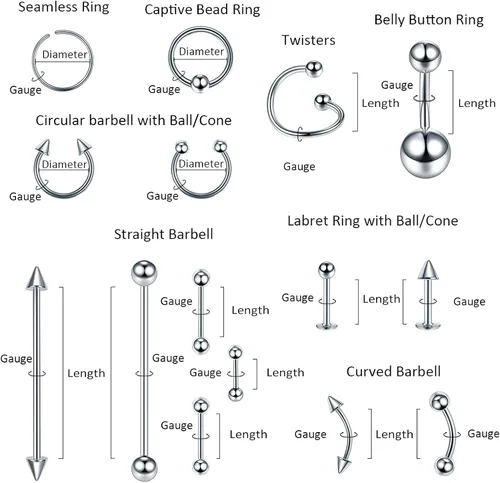 Vista 9 de Xpircn Kit de 150 piercings de acero inoxidable para labios, nariz, lengua, tragus, cartílago, daith, cejas, ombligo, ombligo, piercing