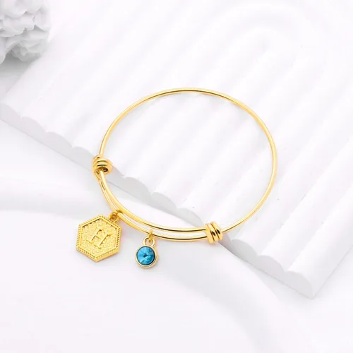 Vista 3 de Suonie Pulseras chapadas en oro de 18 quilates, 26 letras con dije hexagonal de inicial, pulseras ajustables para mujer, pulsera de diamantes