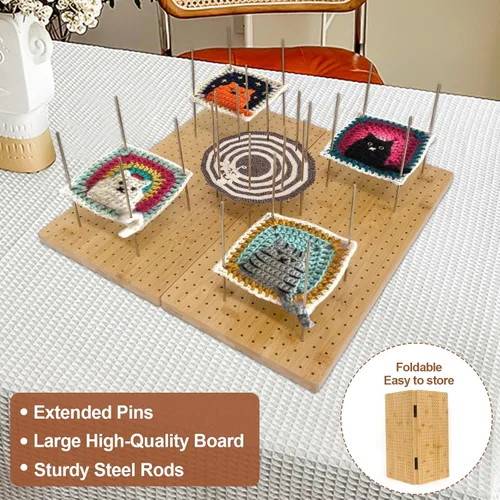 Vista 5 de Tabla de Bloqueo Cuadrada de la Abuela de 15.75" x 15.75" Plegable, Tablas de Bloqueo de Bambú para Proyectos de Ganchillo con Clavijas, Tablas